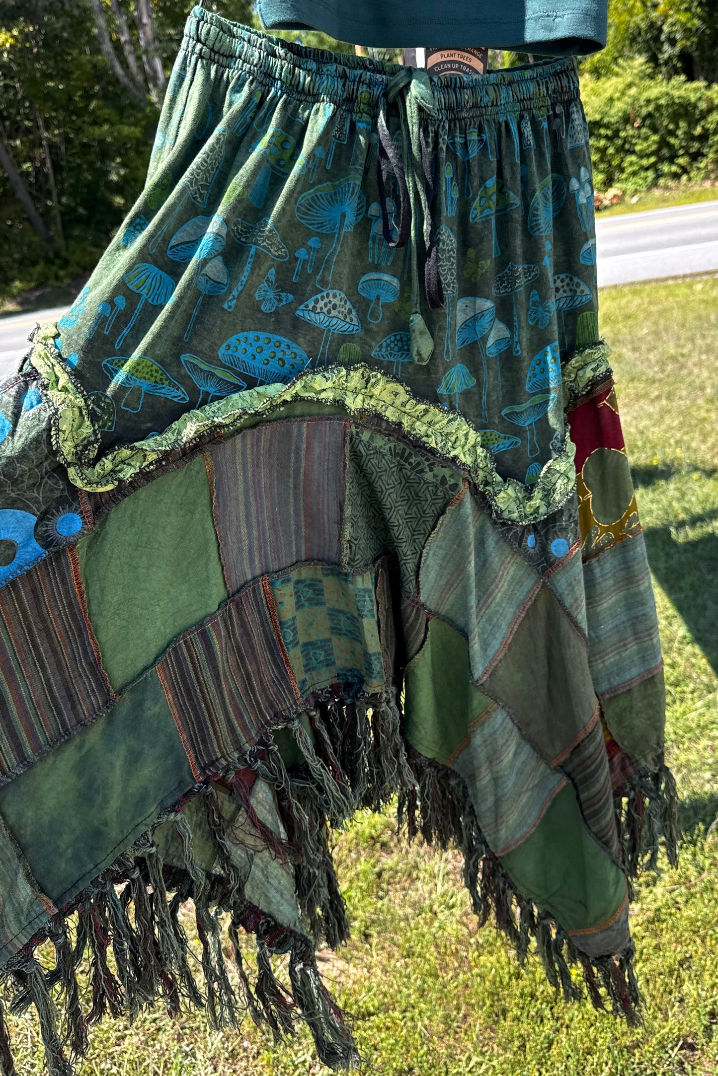 Jagged Edge Patchwork Skirt w/ Mushroom Print in Blue