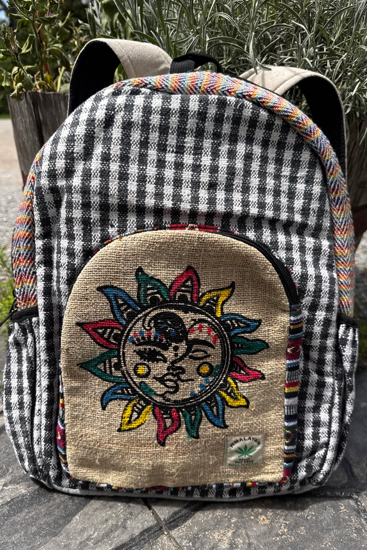 Embroidered Sun Design Hemp Backpack