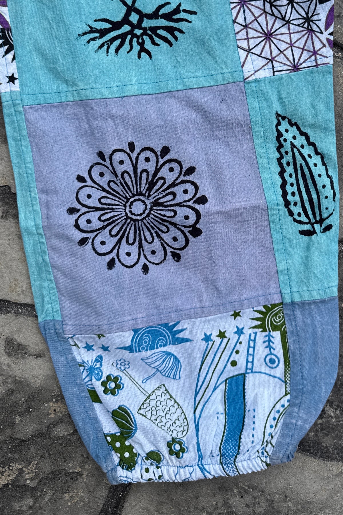 Blue Patchwork Joggers w/ Waist Tie