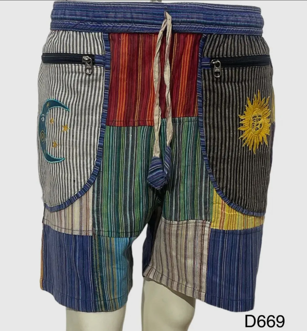 Sun & Moon Patchwork Shorts with Zip Pockets