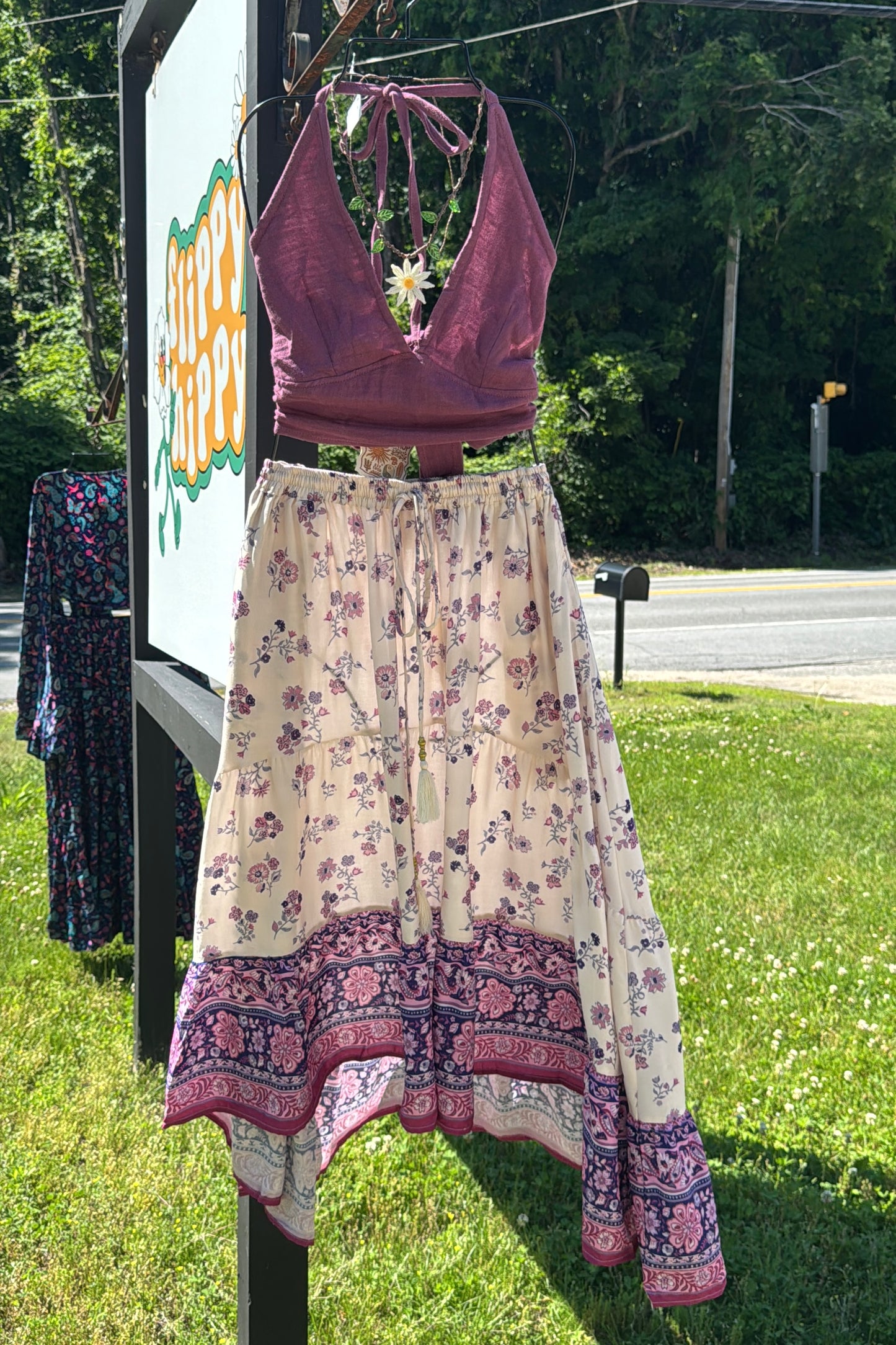 Purple Petal Print High-Low Skirt w/ Waist Tie