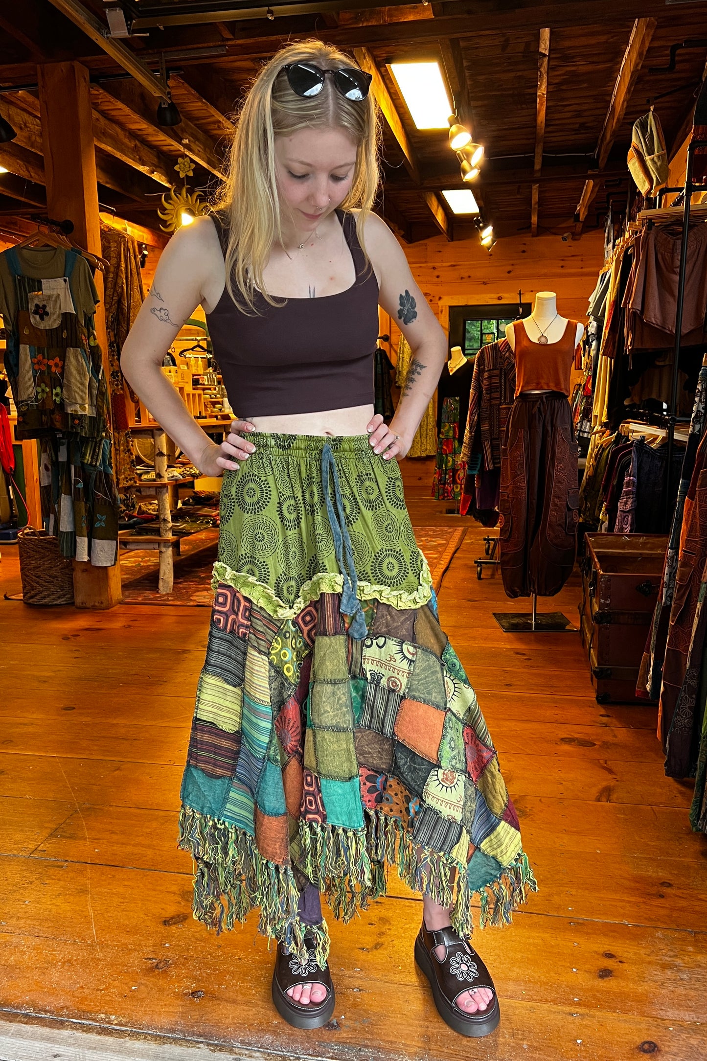 Jagged Hem Patchwork Skirt in Green