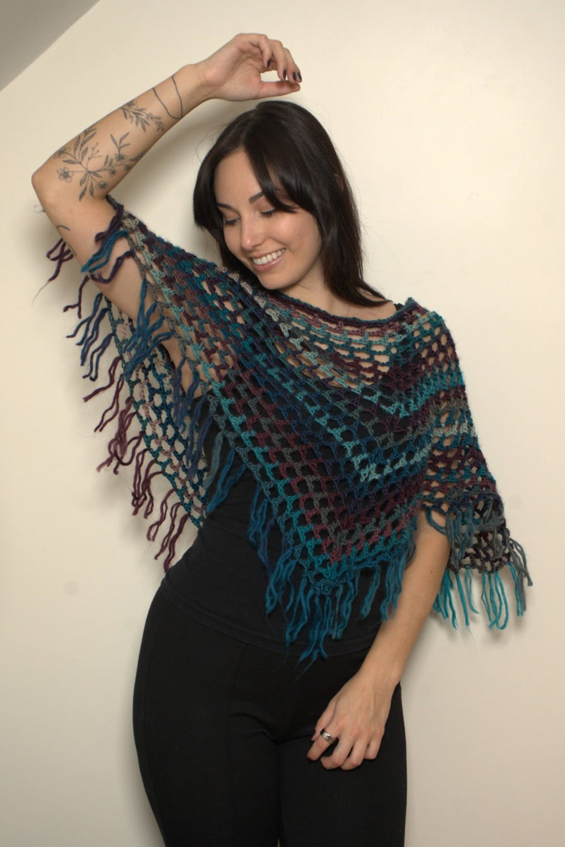 Cool Tone Crochet Poncho w/ Fringe