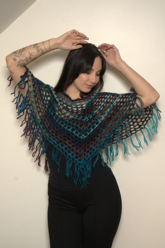 Cool Tone Crochet Poncho w/ Fringe