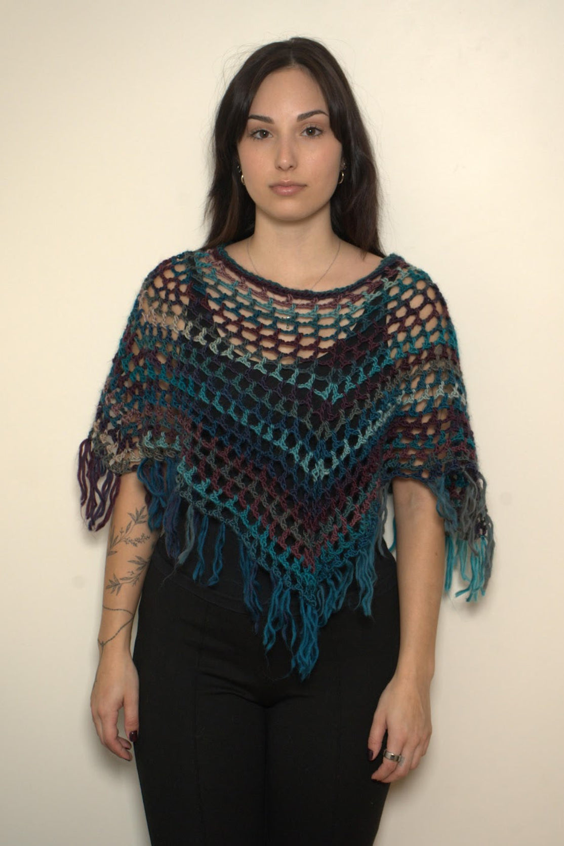 Cool Tone Crochet Poncho w/ Fringe