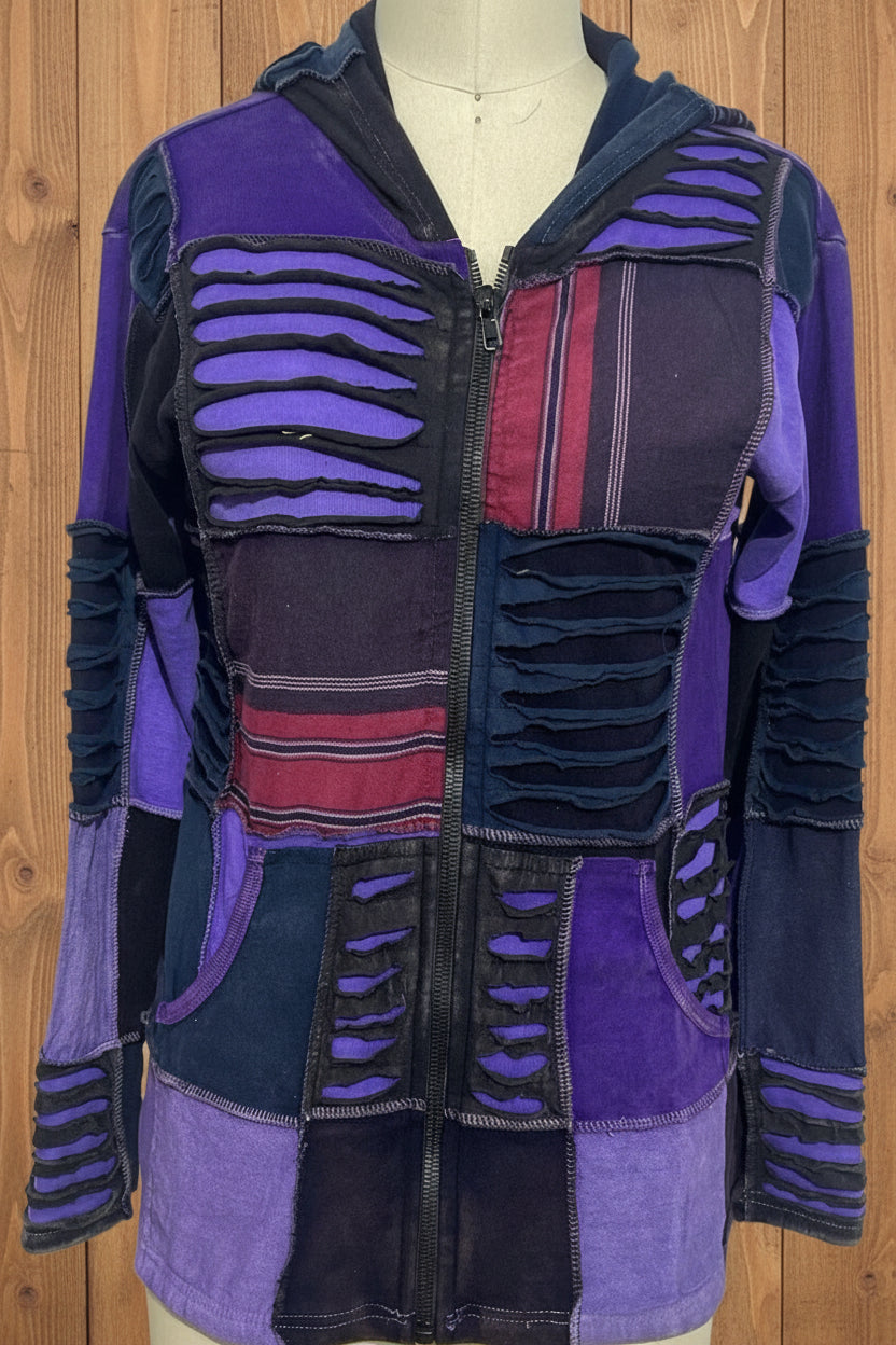 Cotton Patchwork Jacket w/ Razor Cut Detail in Purple
